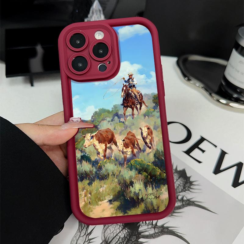 Cowboys driving cattle Pattern Man's Phone Case for iPhone 16 15 14 Pro Max 13 12 11 XR XS Plus Shockproof Non Slip Military-Grade Protection Silicone Cover Cellphone Protective Smartphone Casing