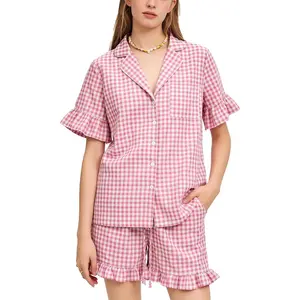 Womens Gingham Pajama Set Ruffle Short Sleeve Button Down Shirt Shorts Pjs Lounge Sets Notch Collar Sleepwear