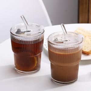 360ml transparent stripe glass water cup with straw & lid, 1/2/4 counts glass drinking cup with straw & lid, straw drinking cup for home office use, easter gifts, serving kitchenware, drinkware, summer cool bottle