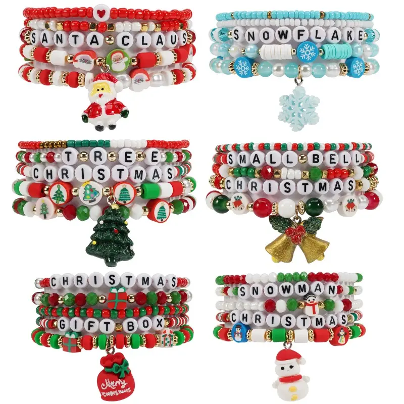 30Pcs Christmas Bracelets Bulk, Santa Snowman Tree Bell Snowflakes Charm Polymer Clay Stretch Beaded Bracelets for Women Men,  Christmas Party Favors Bag Fillers Stocking Stuffers Holiday Gifts
