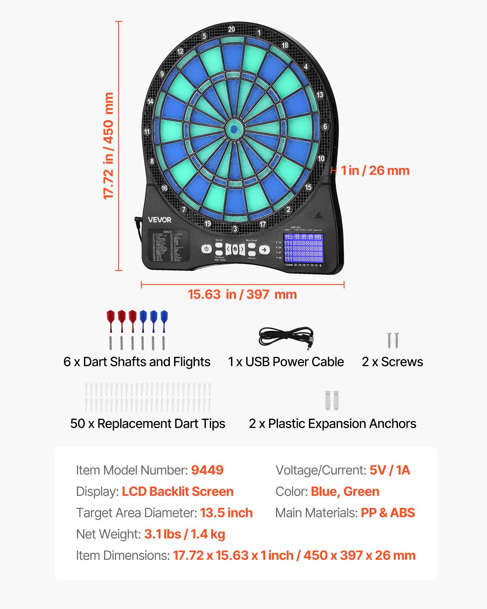 VEVOR Electronic Dart Board, LED-Illuminated Target Dartboard with 48 Games & 500+ Variations, Includes 6 Dart Shafts with Flights & 50 Soft Tips, Cricket Scoring LCD Screen - Supports Up to 8 Players VEVOR Electronic Dart Board, LED-Illuminated Target Dartboard with 48 Games & 500+ Variations, Includes 6 Dart Shafts with Flights & 50 Soft Tips, Cricket Scoring LCD Screen - Supports Up to 8 Players