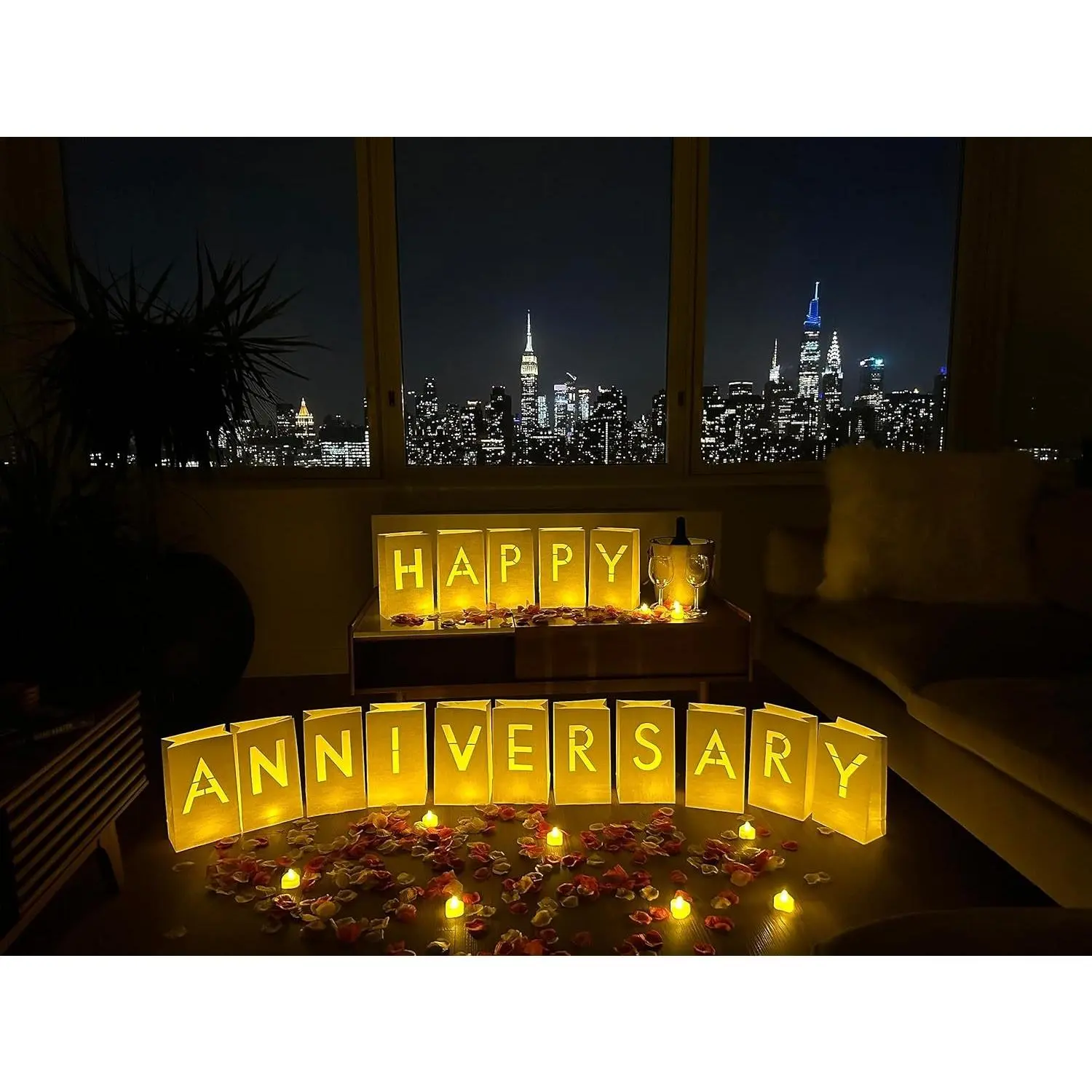 Happy Anniversary Light Up Letters Set Including 30 Tea Lights, 2000 Rose Petals, Luminary Paper Bags and Anniversary Banner for Romantic Anniversary Celebration Decoration