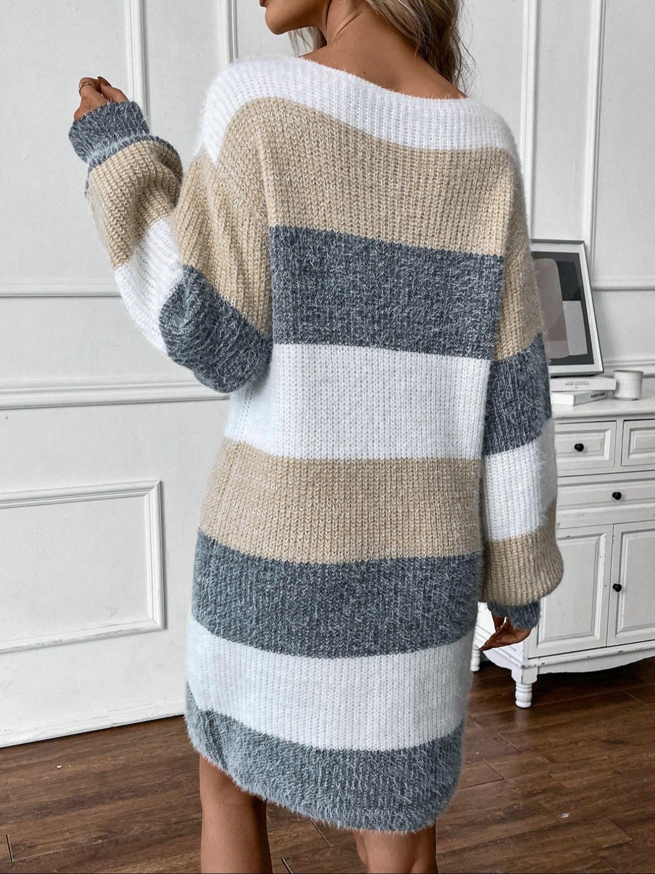 Women's Colorblock Striped Sweater Dress, Elegant Fashion Style, Perfect for Fall & Winter, Daily Wear, Parties, Dates