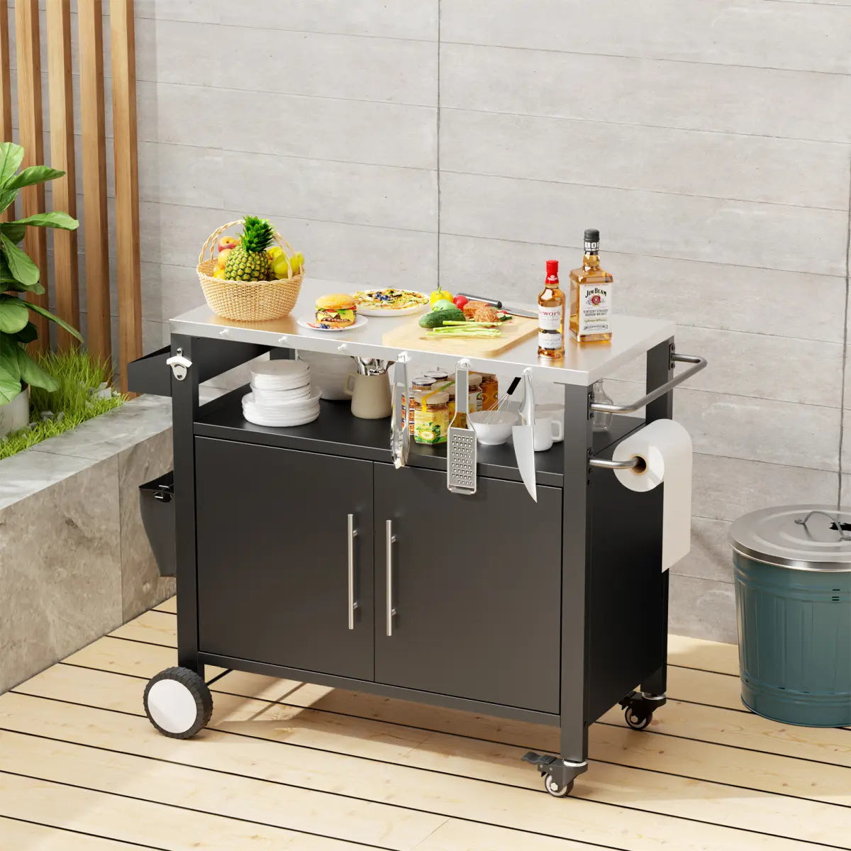 AobtkelTwo Doors Outdoor Grill Cart with Patio Furniture, Outdoor Grill Table with Storage,Rolling Bar Cart Outdoor BBQ Cart with  Hooks and Spice Rack for Grilling Accessories, Black    RR