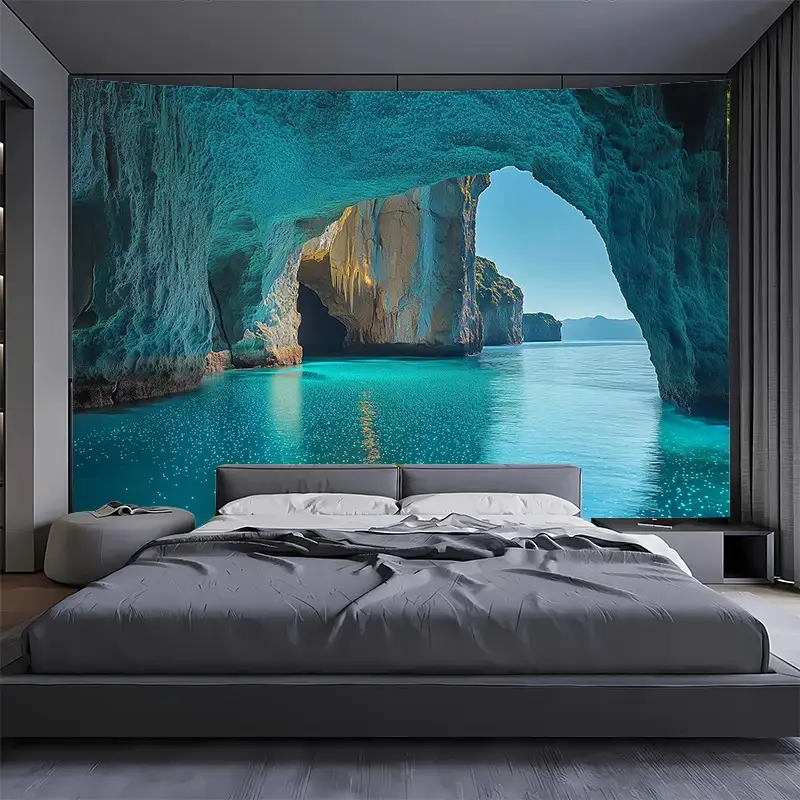 1 piece of extra-large blue cave landscape tapestry - turquoise ocean arch wall decoration, suitable for living room, bedroom, office, party backdrop, no installation required, easy to hang polyester fabric - coastal home decor and photography background,