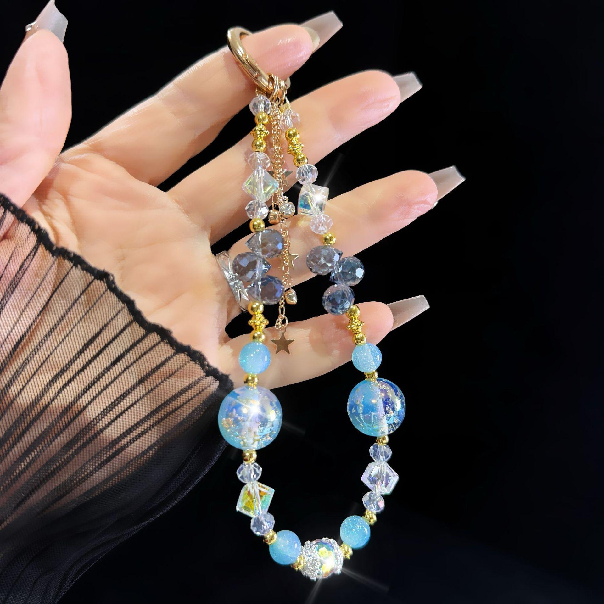 For Light Luxury Crystal Mobile Phone Chain Beaded Short Wrist Chain Fashion Butterfly Pendant Gold Leaf Hand-Made Lanyard