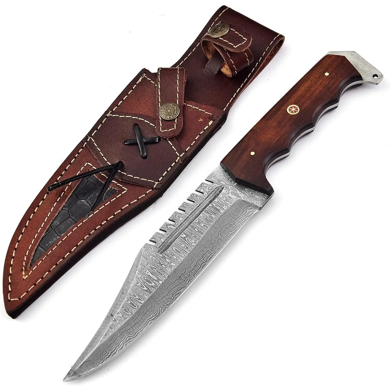 Custom Handmade Damascus Hunting Knife,12"Fixed Blade Bowie Knife with Horizontaland Vertical Carry Sheath,Real Damascus Steel Knives with Rose Wood Handle and Belt loop,EDC Full Tang Knives for men women, Adventure,Survival,Hiking,Camping,