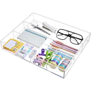 Large  Desk Deep Drawer Organizer with Adjustable Dividers, Anti-skip Clear Desk Top Junk Drawer Storage Tray for Pens, Desktop, Office, Bathroom, Kitchen, Makeup Supplies(6 Compartments)