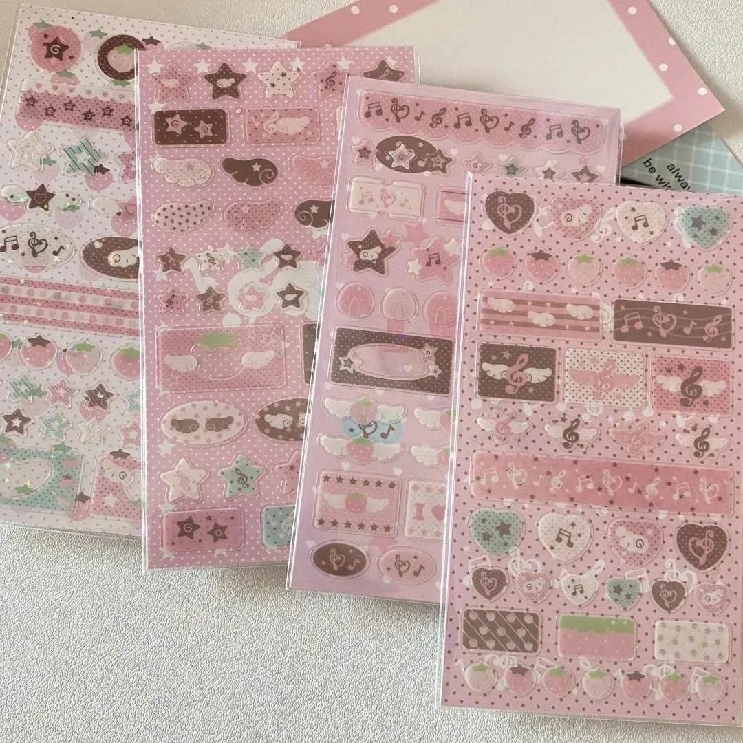 Ins Style Sweet Girl Pink Series Notes Strawberry Star Flash Film Goo Card Stickers Korean Style Phone Case Decorative Stickers