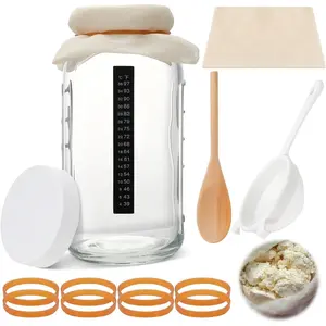 8 Pcs Complete Kefir Starter Kit Kombucha Fermenter Kit Half Gallon 64oz Mason Jar Wide Mouth with Plastic Storage Lid Nylon Mesh Strainer Cotton Cloth Cover and Wood Spoon