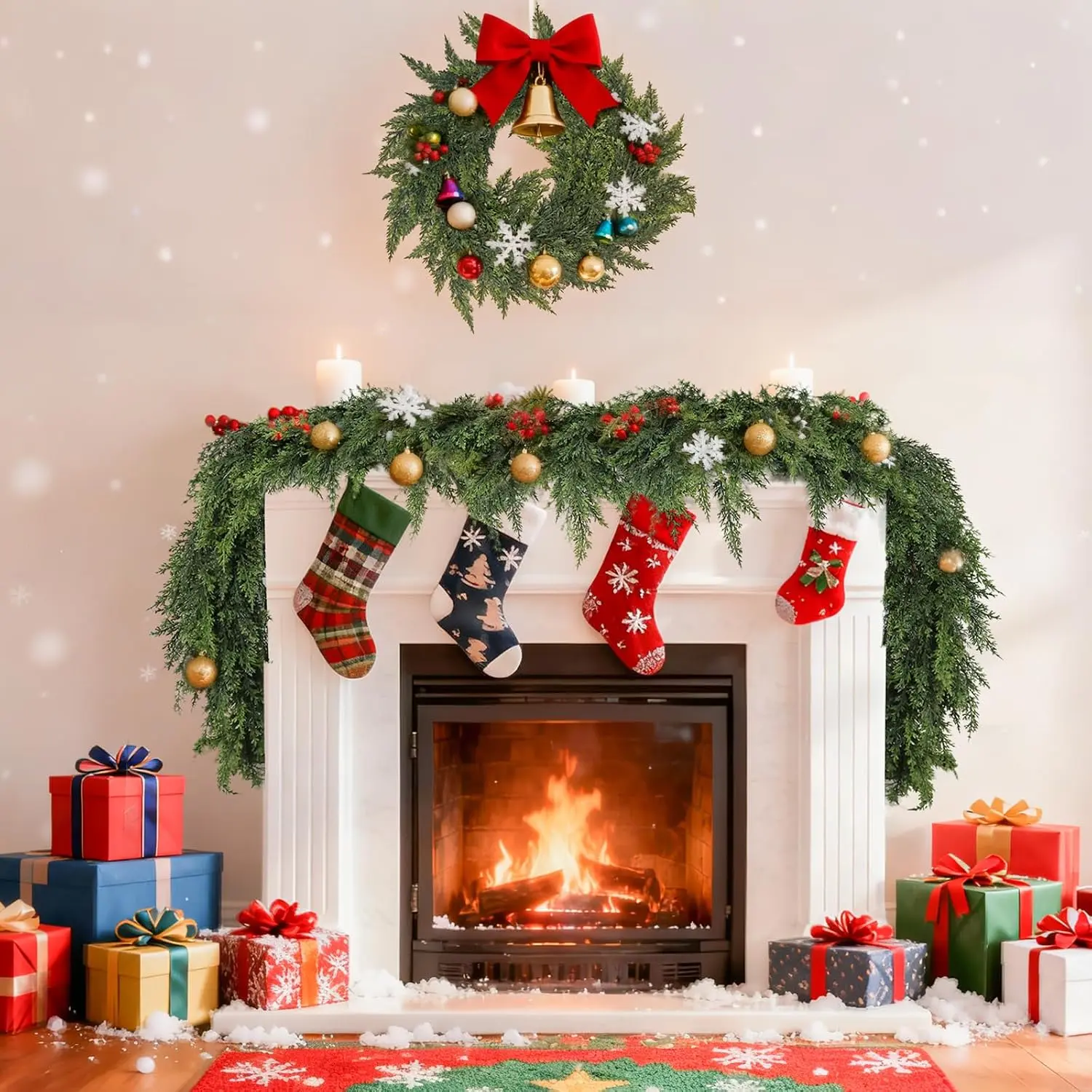 2 count 6 FT Christmas Garland, Artificial Cedar Pine Greenery Garland, Garlands for Decoration, Artificial Garland Greenery for Fireplace Mantle, Christmas Holiday  Party Decorations
