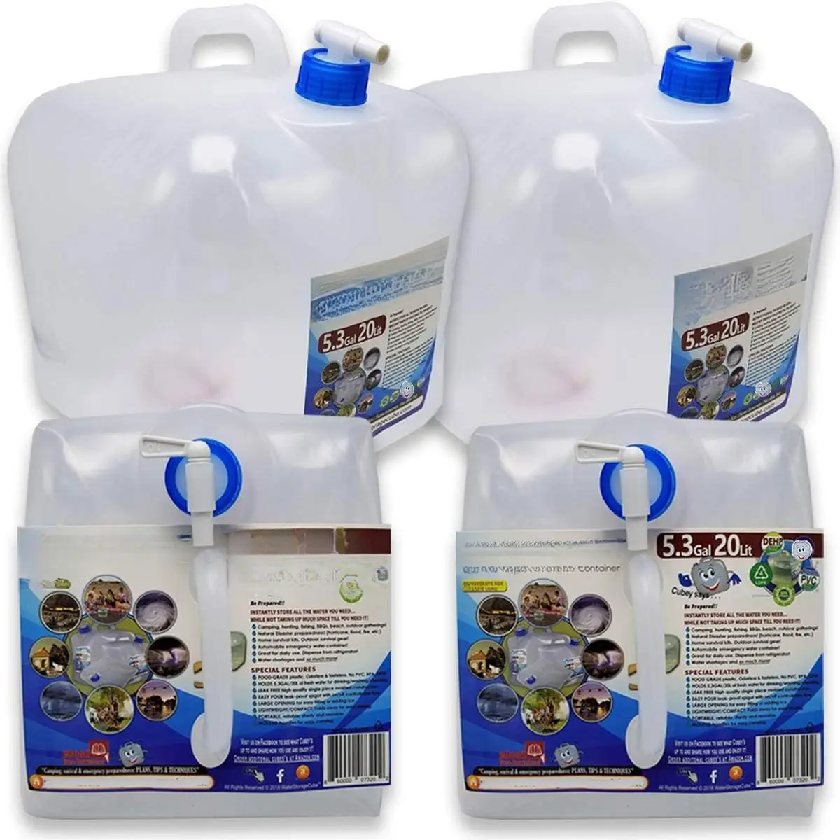 BPA-free foldable water container with spigot, suitable for outdoor hiking backpacks and survival kits, foldable portable water jug with a capacity of 1.3/2.6/5.3 gallons