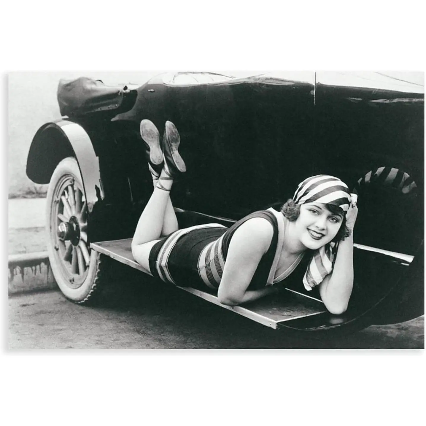 Vintage Beautiful Girl Woman on Antique Auto Side Car 1920s Retro Black And White Poster Prints Paintings Canvas Wall Art for Bedroom Bathroom Living Room Office Wall Decor