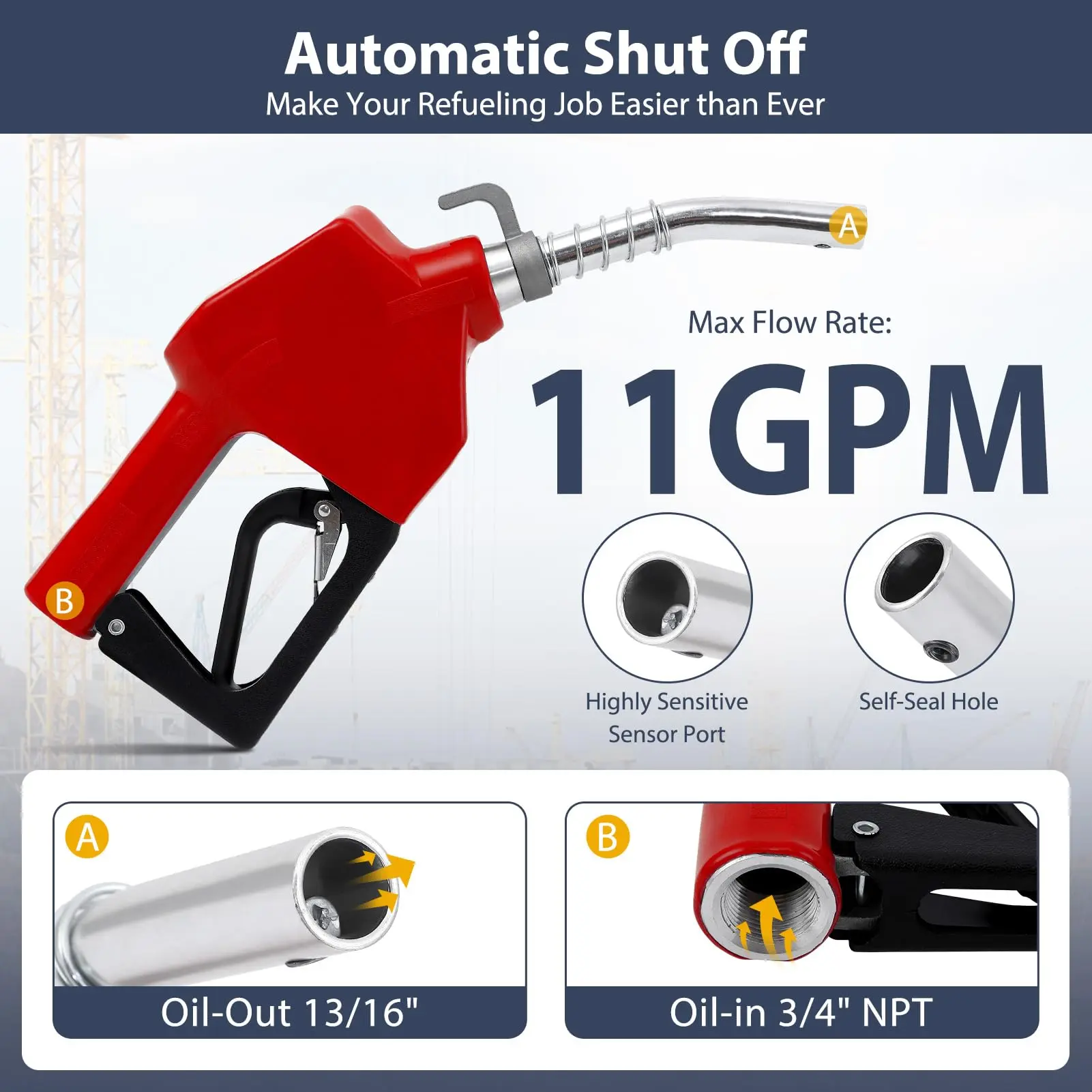 Auto Shut Off Fuel Nozzle 3/4" NPT, 16 GPM Gas Pump Handle with 360° Swivel, 13/16" Spout Fuel Transfer Nozzle for Gasoline, Diesel, Kerosene
