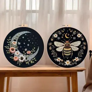 Beginner-Friendly DIY Hand Embroidery Kit, Golden Butterfly & Silver Moon Patterns, Cross Stitch Handicraft Supplies, Embroidery Threads With English Guide For Craft Hobbyists