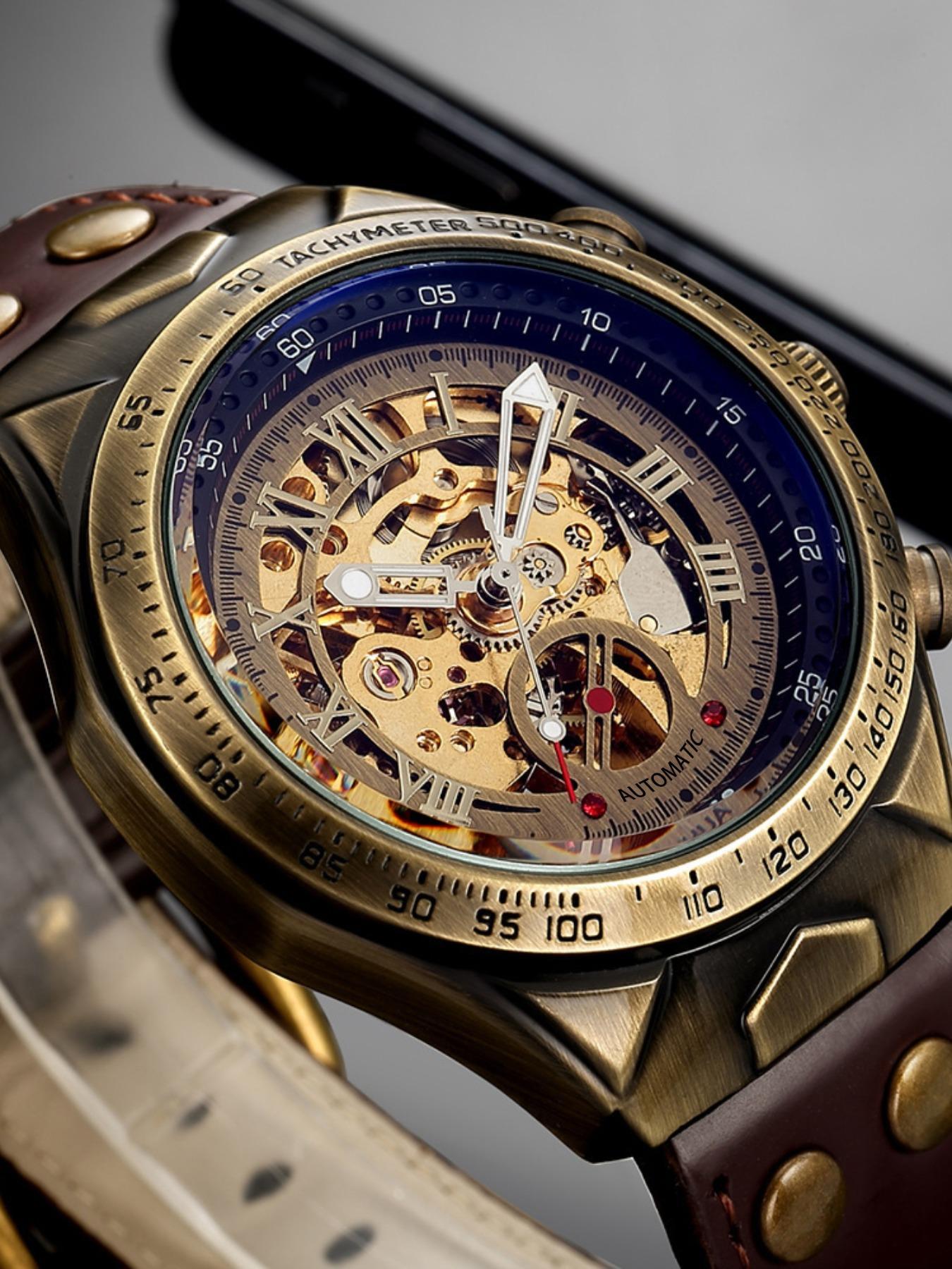 Men's Vintage Mechanical Watch, Fashion Skeleton Automatic Watch for Party, Daily Clothing Decor, Trendy All-match & Exquisite Watch for Gift with Box, Self Winding Watches