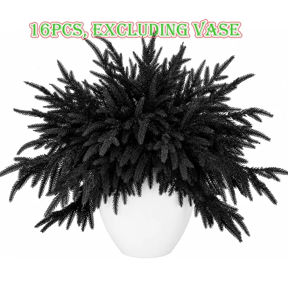 16 Pcs 18" Halloween Black Norfolk Pine Picks, Large Artificial Gothic Pine Branches Decor, Realistic Texture Black Pines Stem Sprays for Home Decor DIY Craft Table Centerpiece Garland Complement