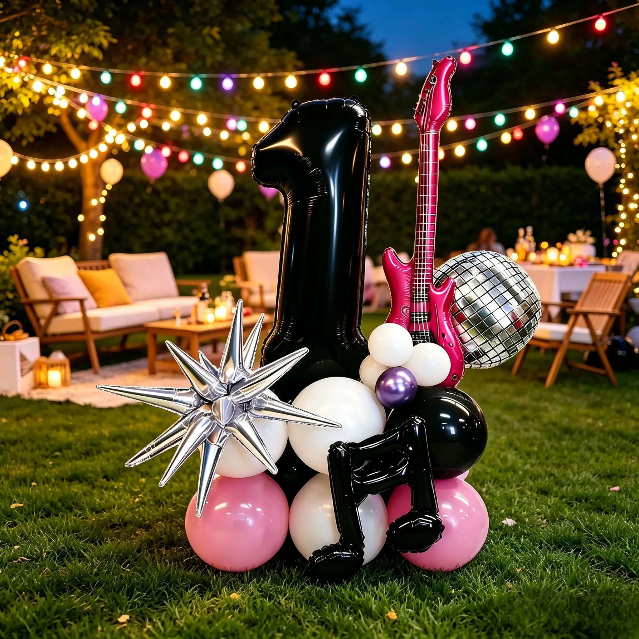 28-Piece K-Pop Disco Theme Number Latex Balloons Set, Includes Numbers 0-9, Guitar, Silver Color Disco Ball, Party Decorations, Birthday Decorations