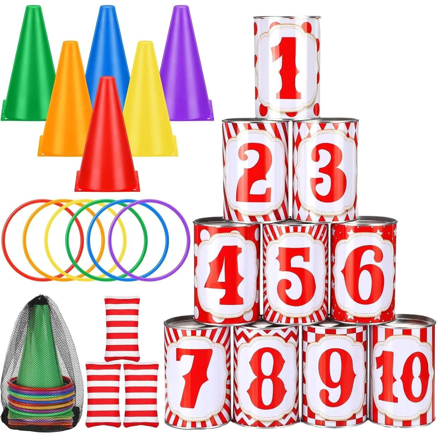 29 Pcs 4 in 1 Carnival Games Set: Bean Bags, Plastic Cones, Carnival Cans, Rings for Adults, Teens, Indoor & Outdoor Games