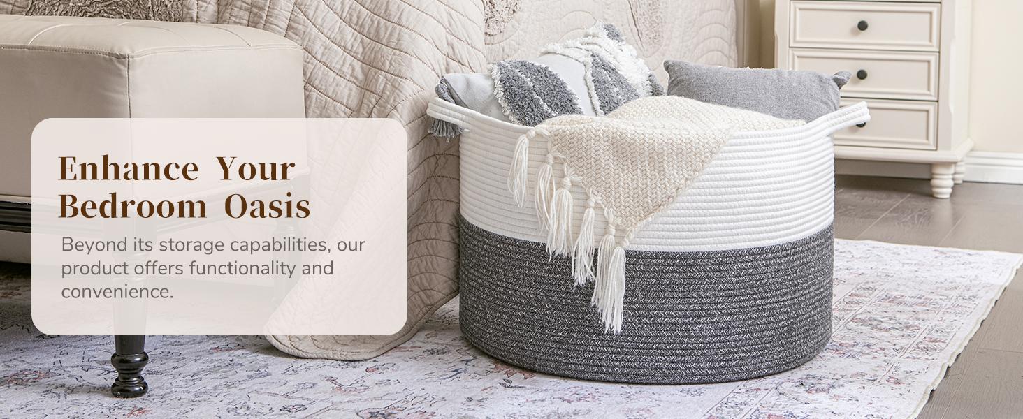 XXXLarge Cotton Rope Basket Woven Laundry Baskets Blanket Baskets Basket with Handle Comforter Cushions Storage Bin Thread Laundry Hamper - 21.7" x 21.7" x 13.8" :