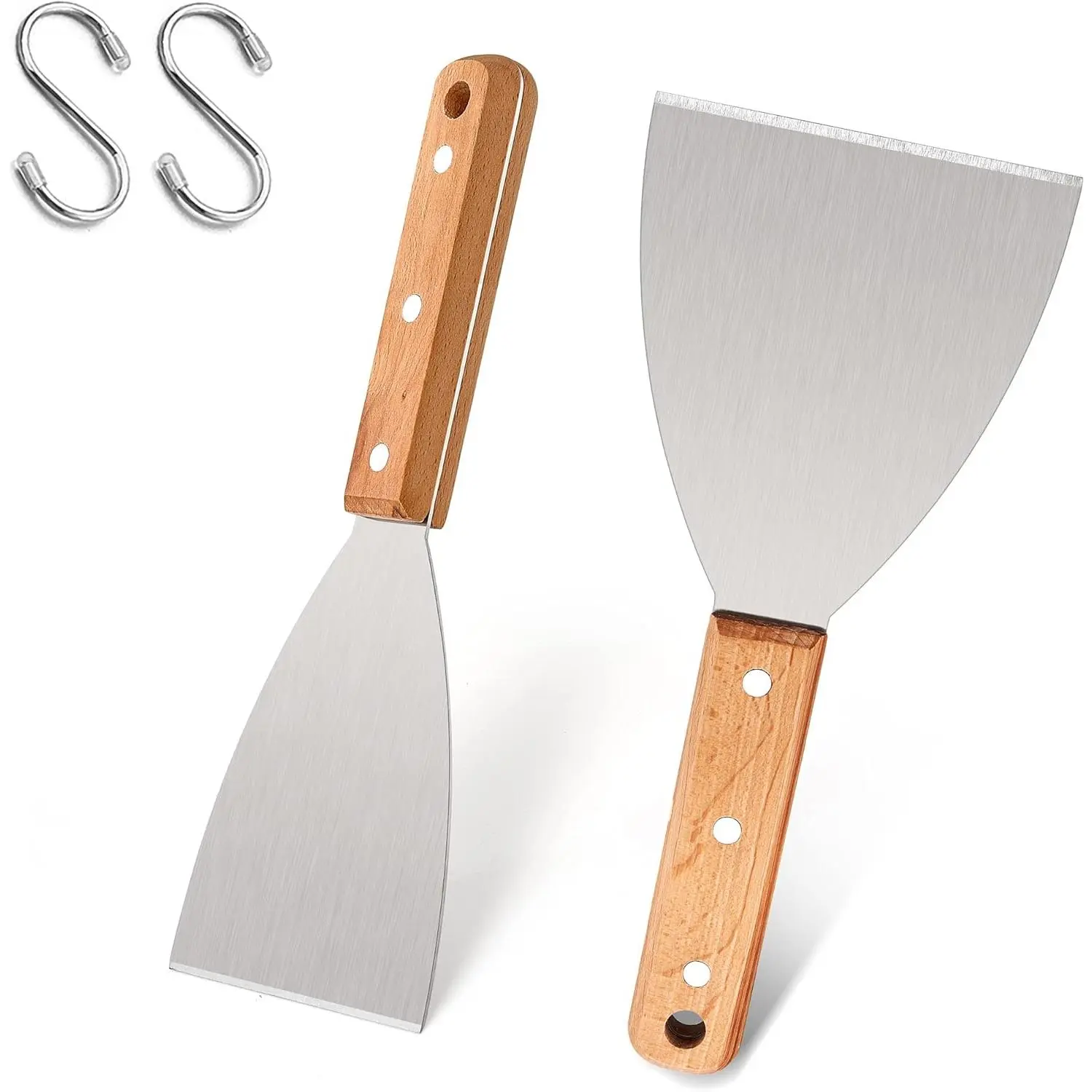 Grill Griddle Scraper Set of 2, Stainless Steel Metal Flat Top Grill Scraper Tool for Dough Pancake Pizza  Baking Cooking Teppanyaki BBQ, Wooden Handle