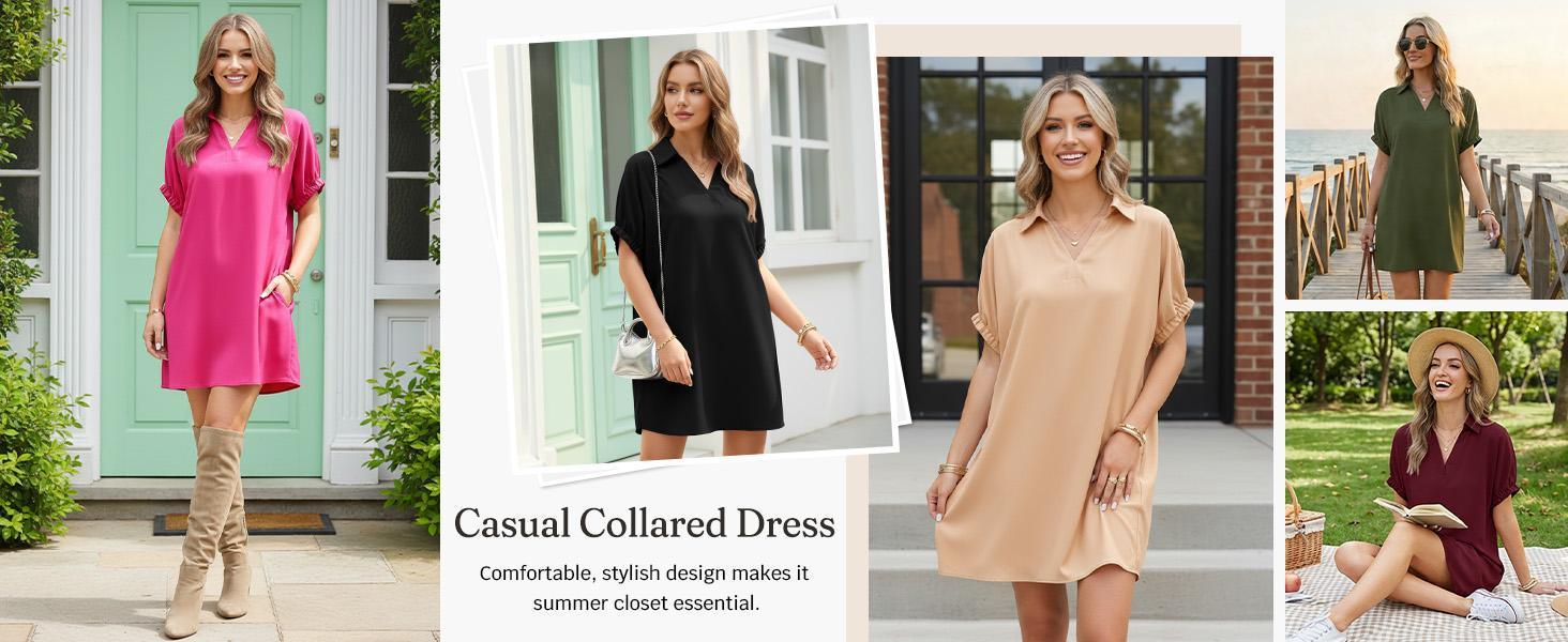 Imily Bela Womens Summer Shirt Dress Casual Short Sleeve Collared V Neck Loose Beach Cover Up Shirts with Pockets