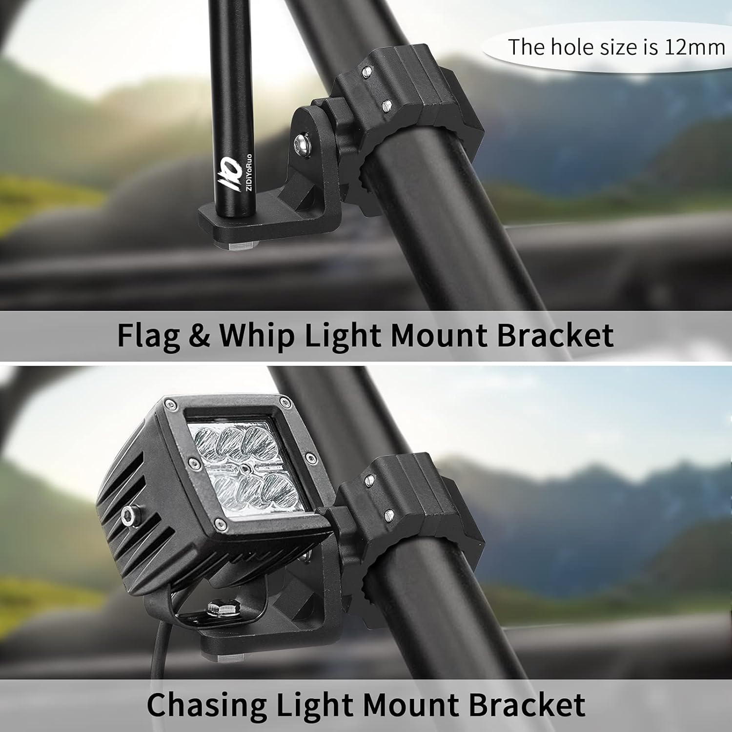 UTV Whip Light Mount & Light Bar Bracket - Heavy Duty 1.75"- 2" Roll Cage Clamp with 360 Rotation,  Flag/Off-Road Light Mount for Polaris RZR, Can Am,