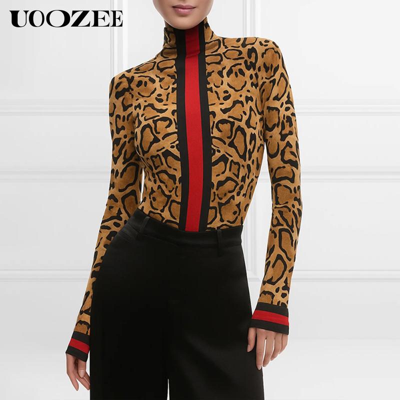 UOOZEE Women's New Fashion Retro Leopard Print Tight-fitting Skinny Contrast Turtleneck T-shirt Top Bottoming Shirt Red and Black Contrast Stripes Spring, Autumn(Sizing Runs Small - Check Size Guide or Order Larger) Casual Long Sleeve cute fall outfits