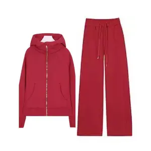 Fleece Hoodie with Wide sweatpants set street trend design,  women's solid color clothing Fashionable and simple Long-sleeve set  s s