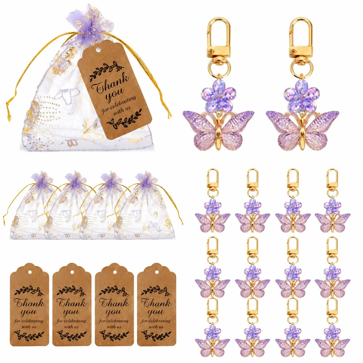 Butterfly Design Keychain Gift Set, Including Acrylic Keychains & Gift Tags & Organza Drawstring Bags, Party Gift Set, Key Chain Cute