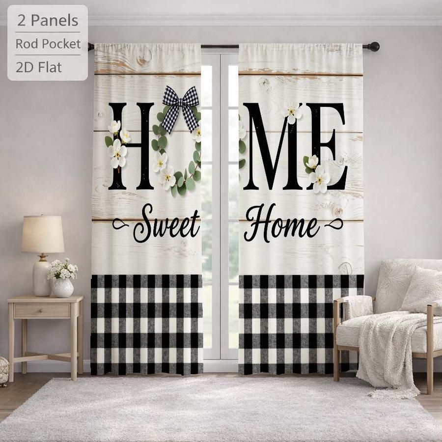 2Pcs Rustic Plaid Farmhouse Letter Print Sun Blocking Curtains Digital Printed Rod Pocket, Window Treatment For Bedroom Office Kitchen Living Room Study Home Decor