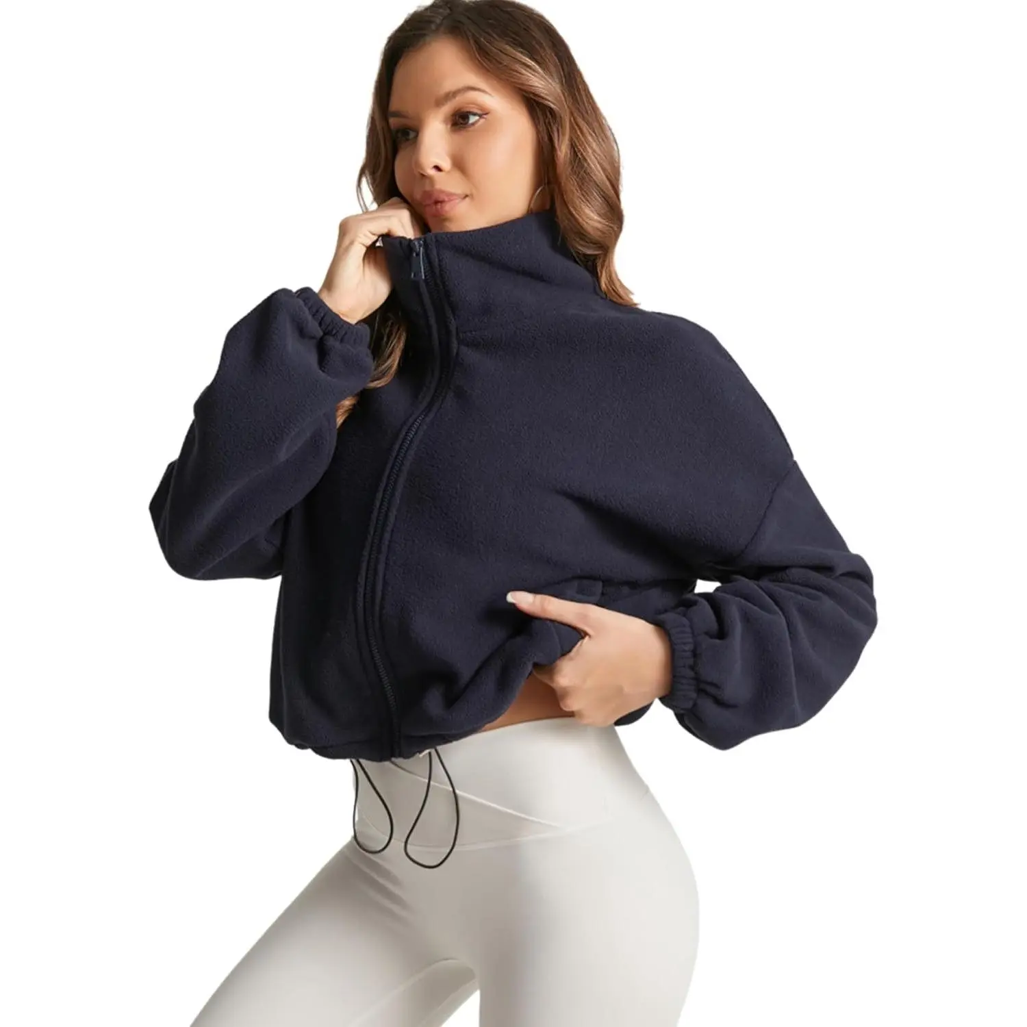 Women's Cropped Sherpa Jacket - Full-Zip, Soft Long-Sleeve Cozy Fleece Coat with Stand Collar, Side Pockets, Zipper Closure and Drawstring Adjustment