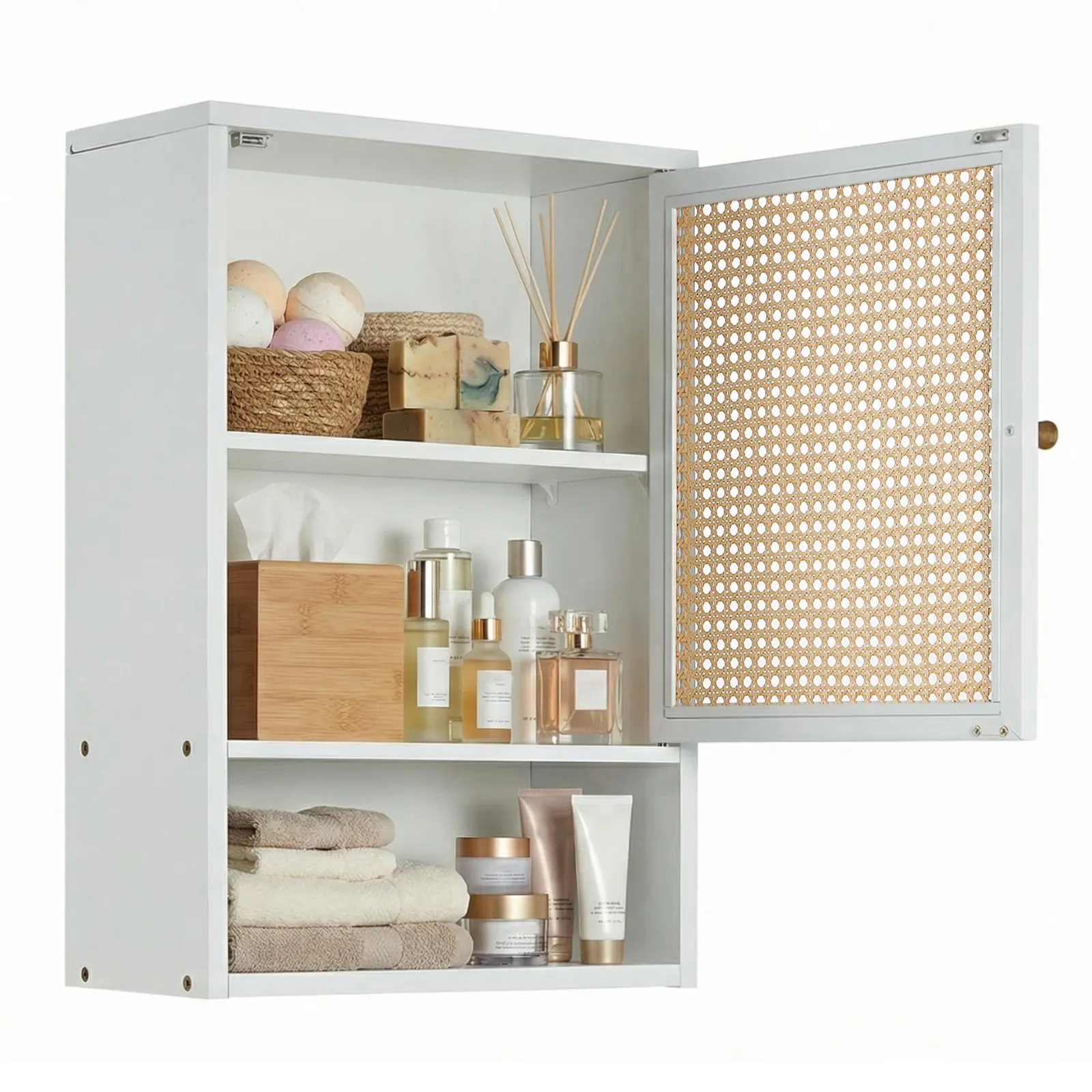 Space-Saving Bamboo Bathroom Wall Cabinet with Rattan Doors – Adjustable Shelf – Wall Mounted Medicine Cabinet – Over Toilet Storage Organizer
