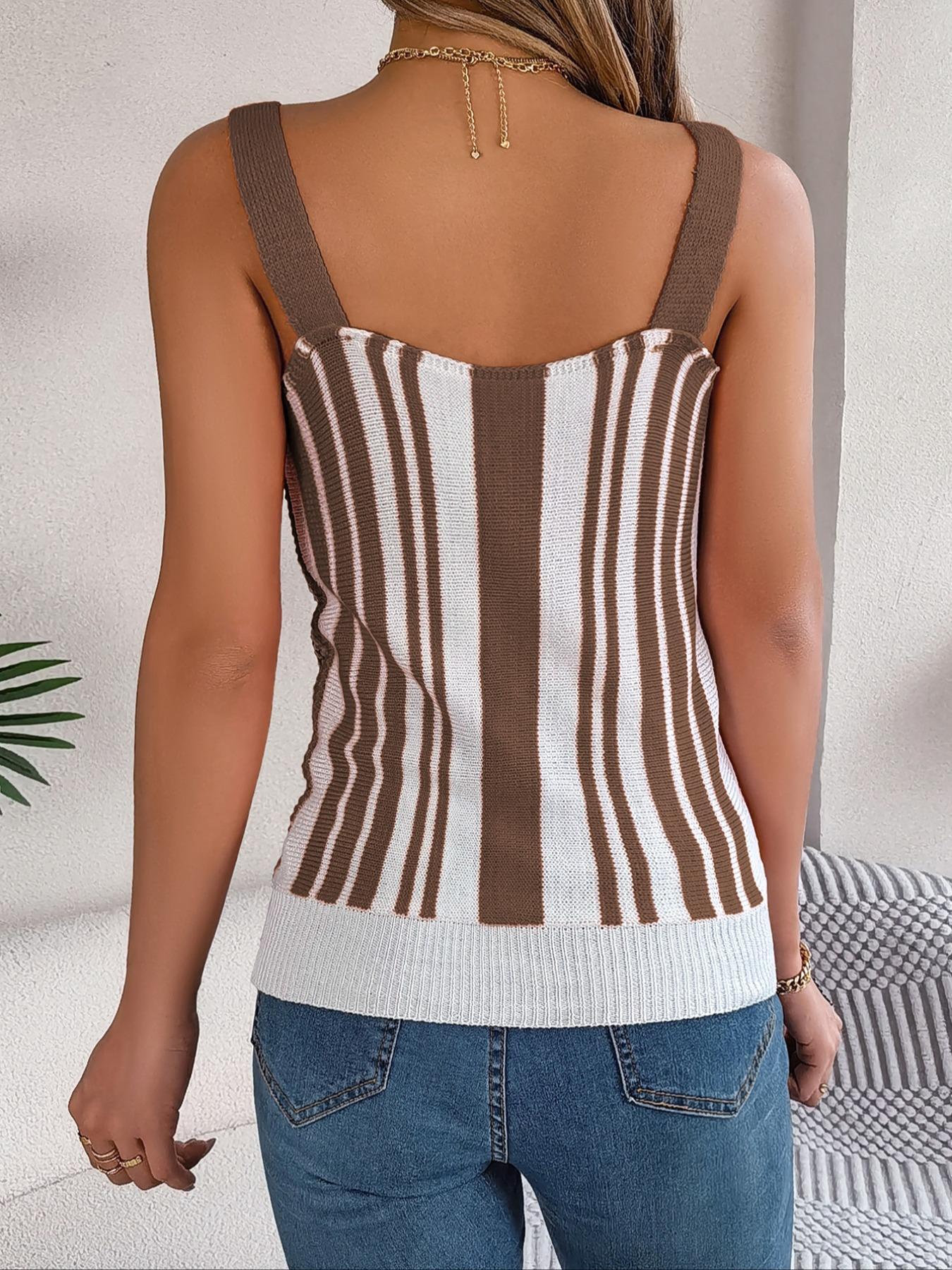 Women's Colorblock Striped Print Fake Buttons Hollow Out Sweater Vest, Casual Sleeveless Straps Knit Top for Summer, Ladies Clothes for Daily Wear