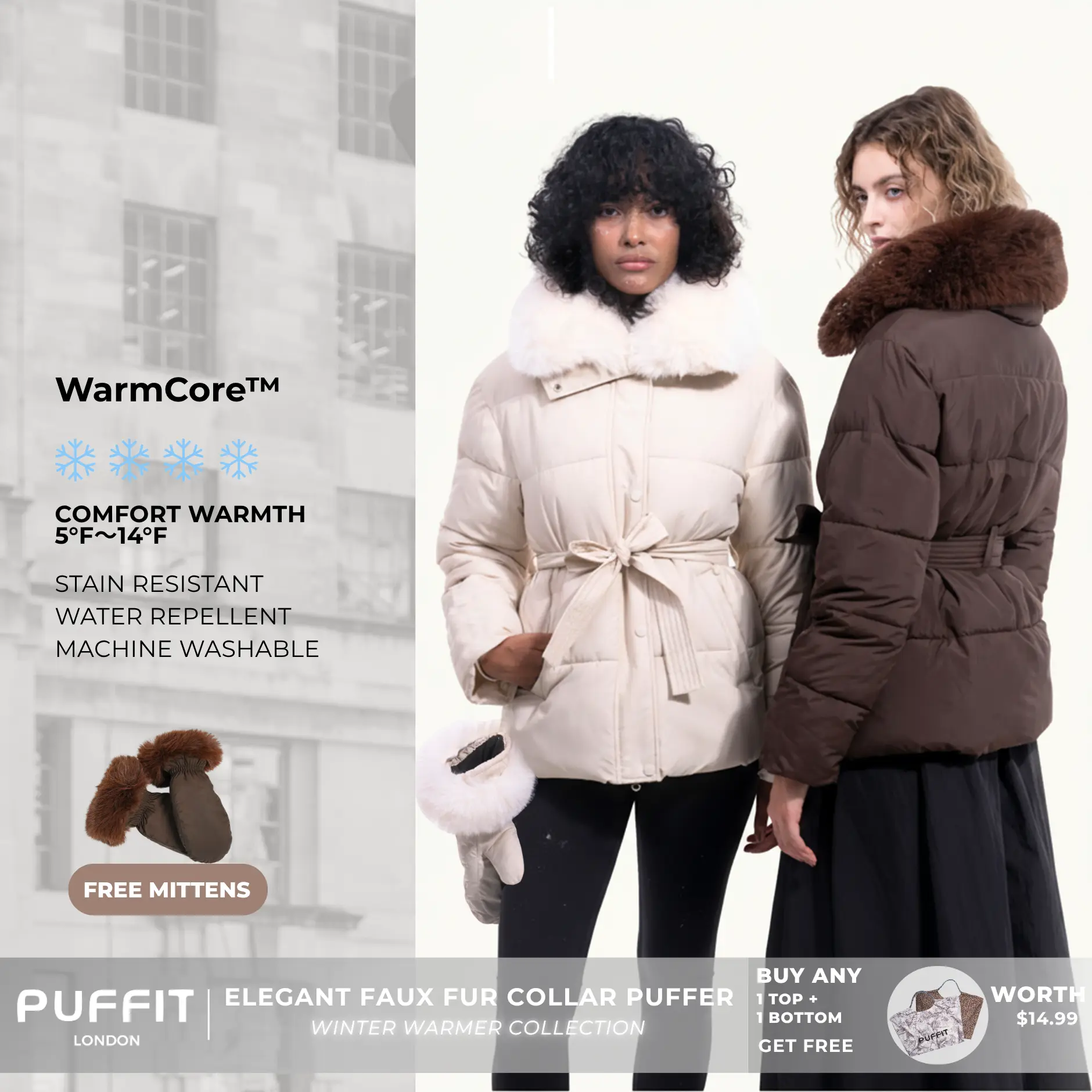 PUFFIT WarmCore Premium Elegant Fur-Collar Puffer Detachable Fur Collar Waist-Defining Slim Fit Puffer Jacket Matching Gloves Available Detachable Button Design Elegant Look Combines Warmth And Beauty — Perfect For Winter Elegance