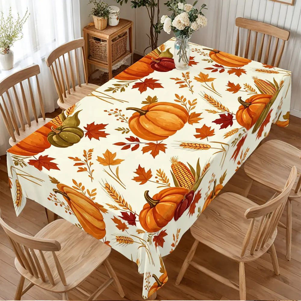 Harvest Pumpkin Tablecloth, Autumn Corn Wheat Maple Leaf Pattern, Table Cover for Thanksgiving Home Kitchen Dining Decor, Fall Decor