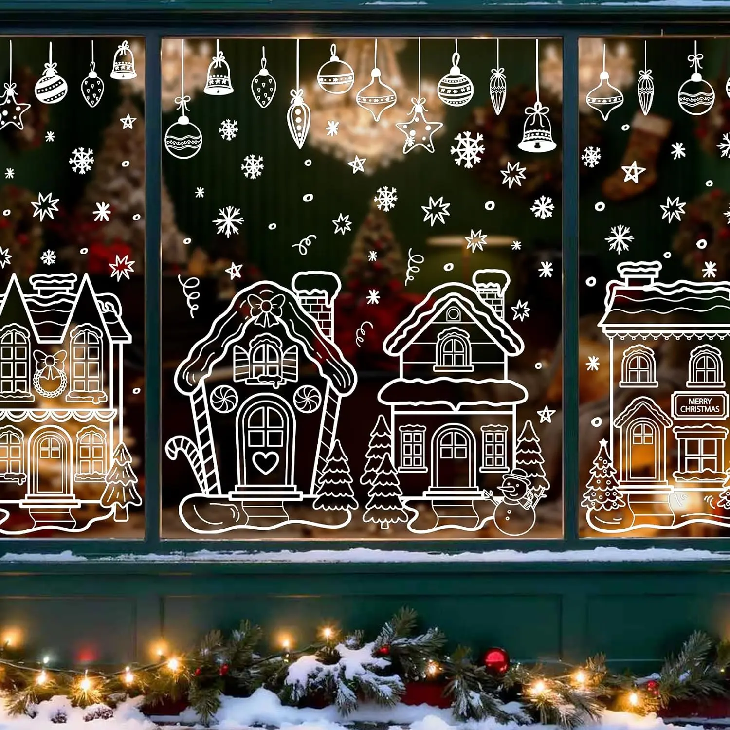 14.8 * 27.6" Large Christmas Window Clings 4 Sheets Winter House Snowflake Ball Ornaments Stickers Xmas Double-Sided Window  for Holiday Party  Office Shop Glass Display Decoration