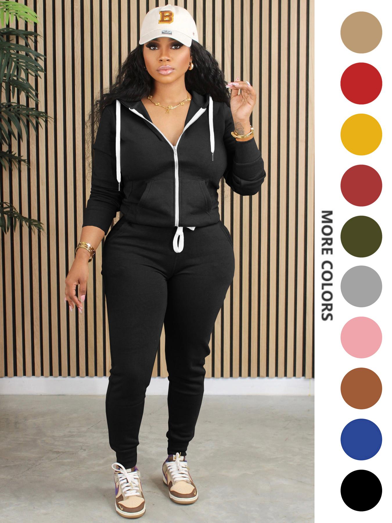 Two-Piece Set Women's Solid Zip Up Fitted Hoodie & Drawstring Waist Pants, Casual Long Sleeve Hooded Sweatshirt & Pocket Trousers for Spring & Fall, Women's Clothes for Daily Wear, Casual Fashion Set