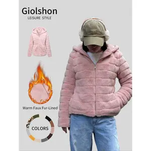 Women's Faux Fur Coat, Casual Hooded Winter Jacket with Pockets, Warm Polyester Outerwear for Fall & Winter Seasons