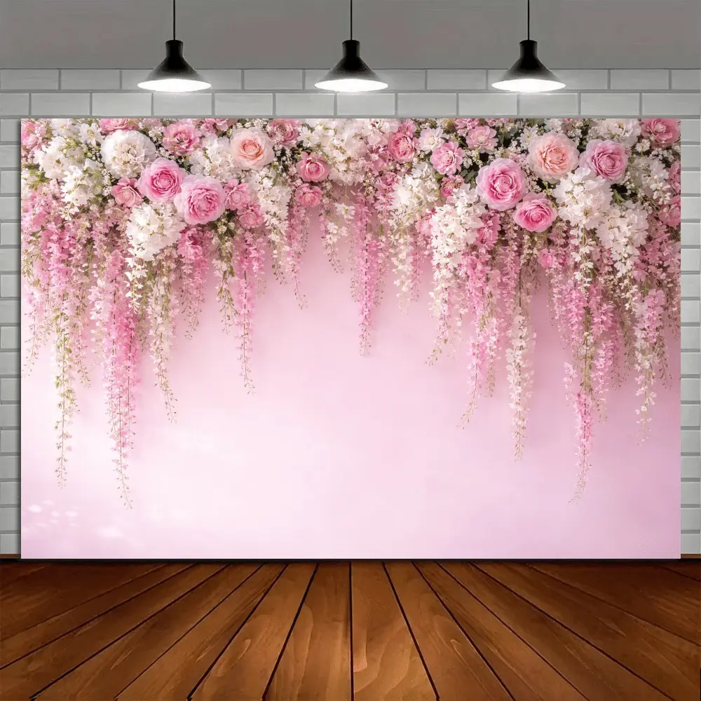 Pink Rose Flower Wall Backdrop, Romantic Floral Banner Featuring Waterfall Roses And White Flowers Design, Perfect For Weddings, Birthday Parties, Bridal Showers, Photography Backgrounds, Home Decor And Elegant Events