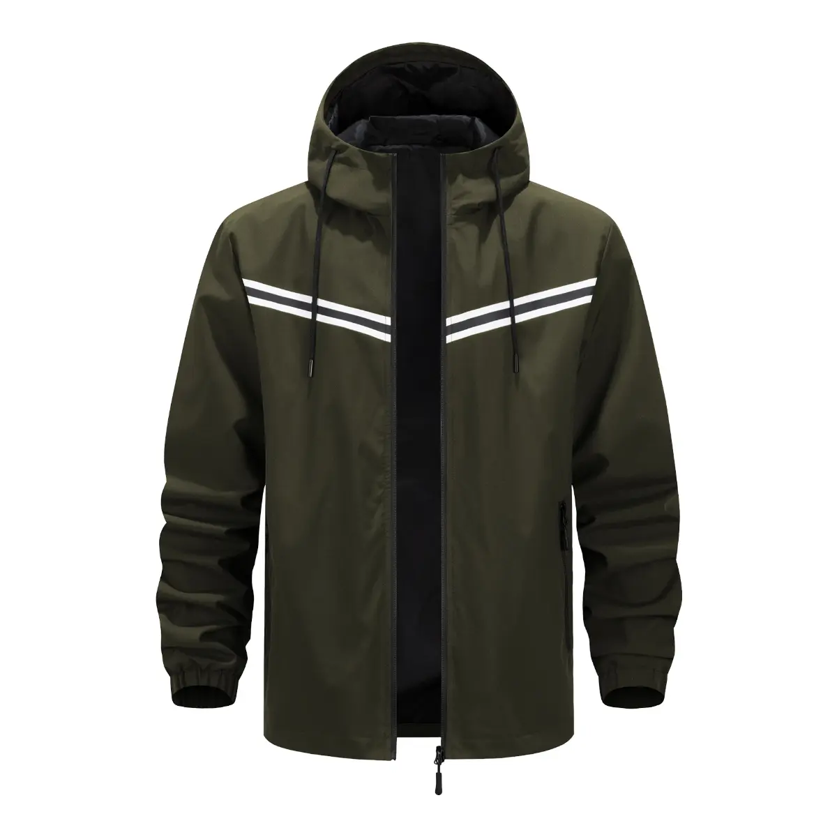 Men's Solid Army Green Hooded Waterproof Windproof Lightweight Jacket - Double V Chest Stripe, Adjustable Dual Drawcord Hood, Vertical Anti-Drop Zipper, Side Pockets, Elastic Cuffs, Oversized, Breathable for Hiking, Daily Commute (Spring, Autumn)