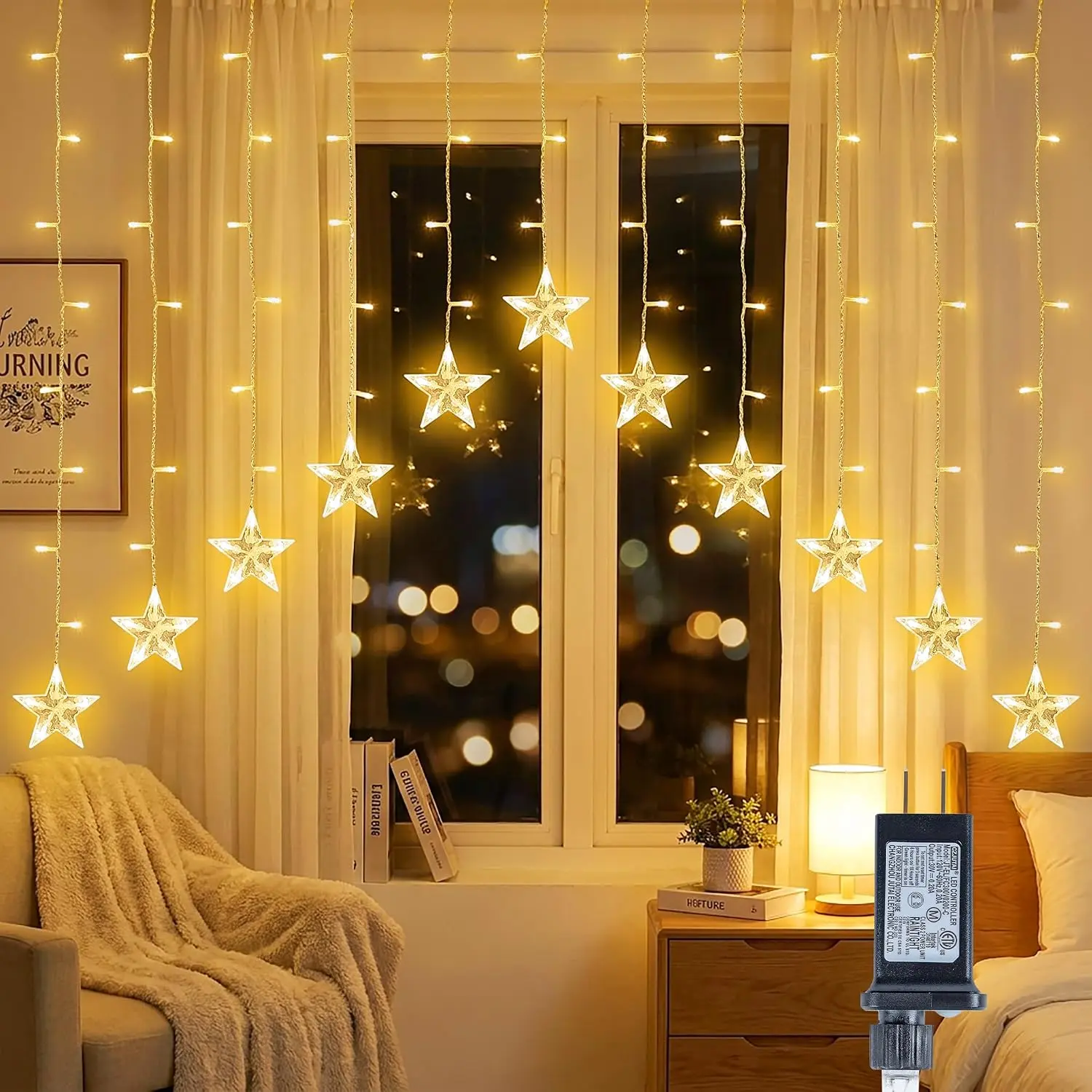 Stars Icicle Lights,118 LED  Curtain Lights Plug in Warm White |  Lights for  Bedroom Ceiling, Icicle Lights for Indoor, Outdoor, Wall, Window, Party, Garden Christmas Decor