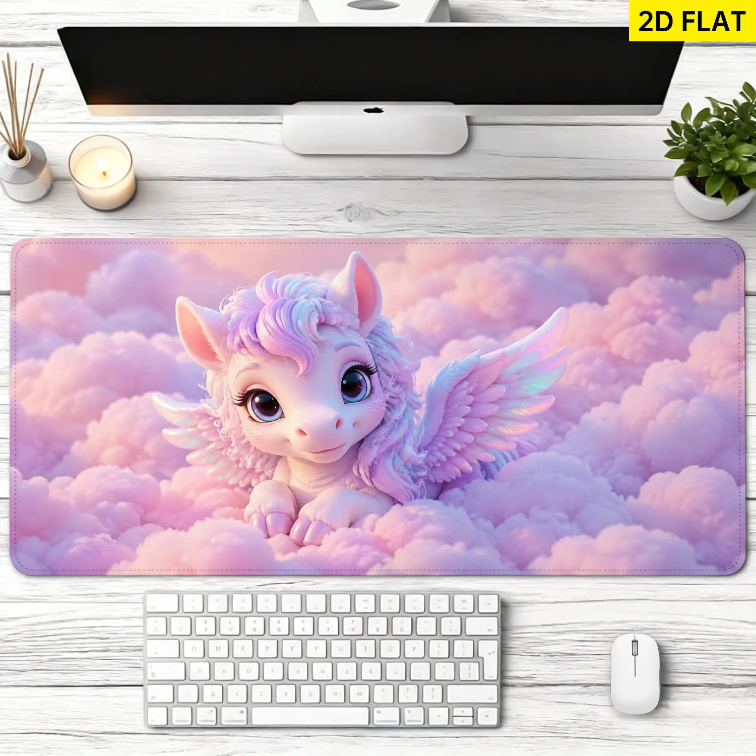 Extra Large pink winged pony in clouds Mouse Pad,Non Slip Rubber Pad,Desktop Decoration Drotection Pad,Washable,Lock Edge Multi Size,Premium Multipurpose Mousepad For Home,Office,Gift for Family and Friends