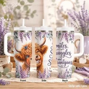 Highland Cow Quote Prints Vacuum Flasks 40oz Stainless Steel Tumbler with Handle & Straw – Vacuum Insulated Travel Mug, Keeps Drinks Cold Up to 24H, Leak-Resistant Cup for Iced Coffee, Water, Gym, Office & Travel