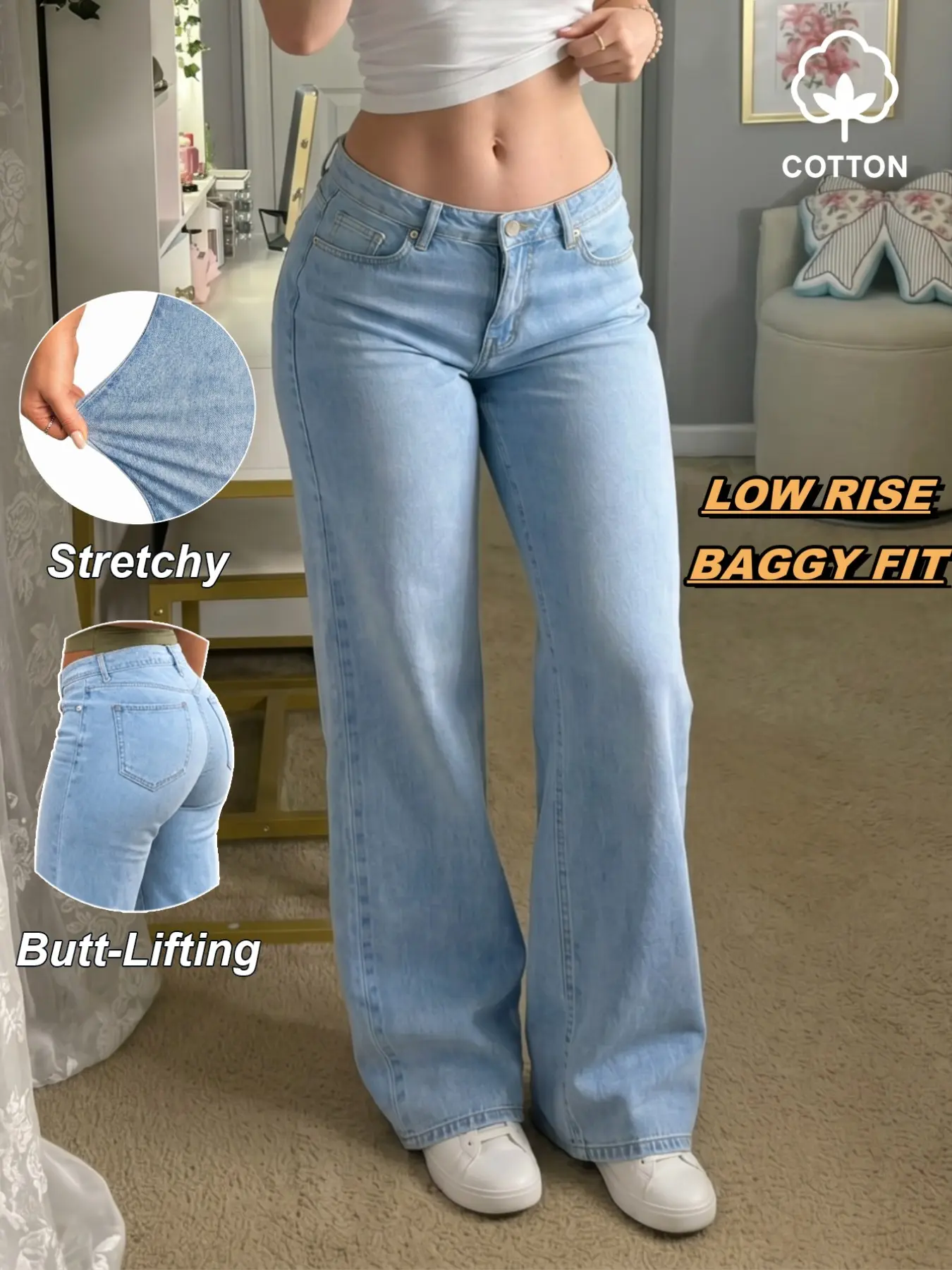 BBL Stretch Low Rise Baggy Wide Leg Jeans Pants for Women Vintage Washed Denim Casual Daily School Outfits