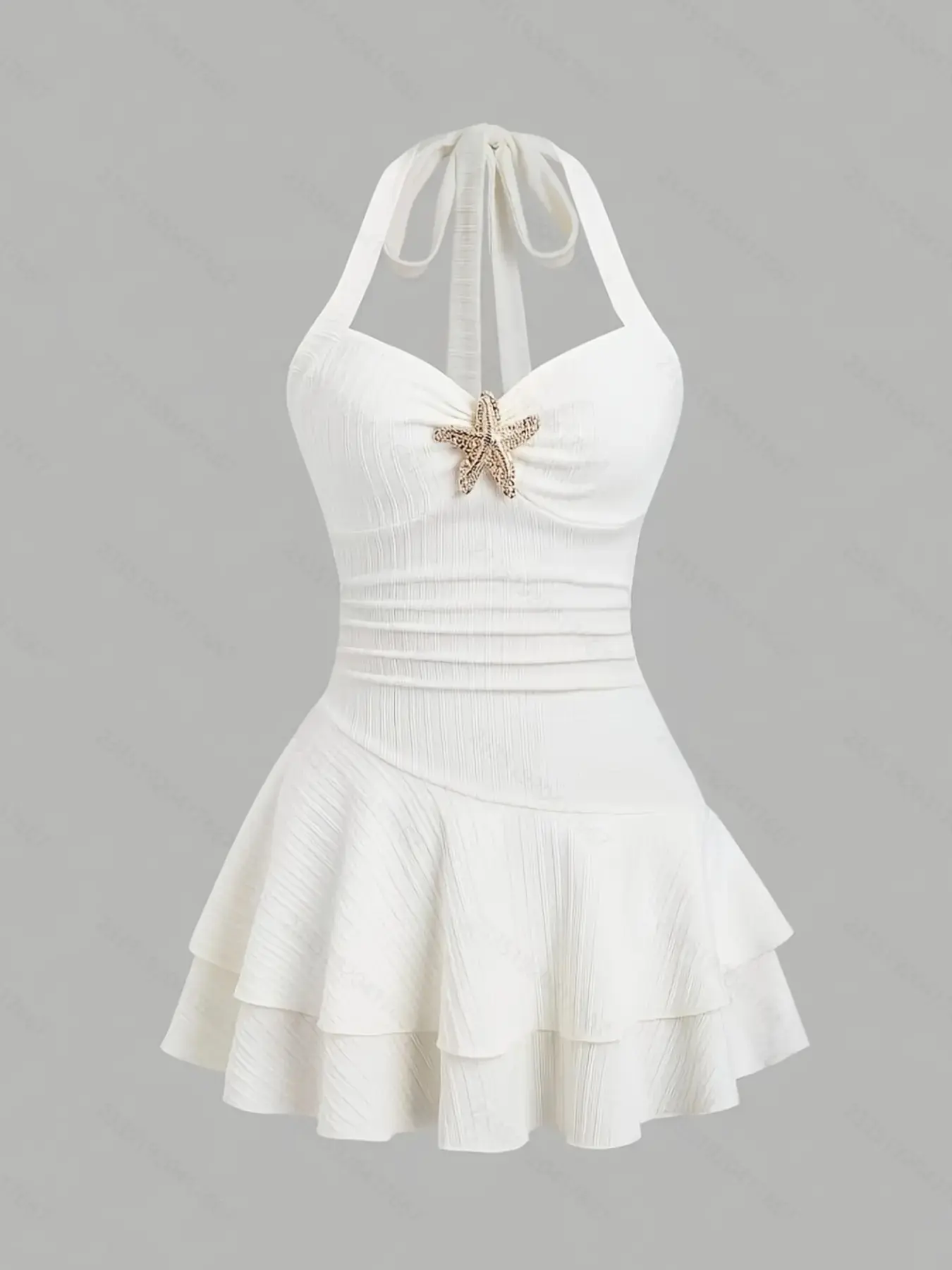 Women's Feminine Halter-Neck Sleeveless Mini Dress - Lady's Textured Fabric, Ruched Chest, Metallic Decor, Casual Women's Clothes for Summer Beach Vacation Skirt, Beach‑Ready Halter