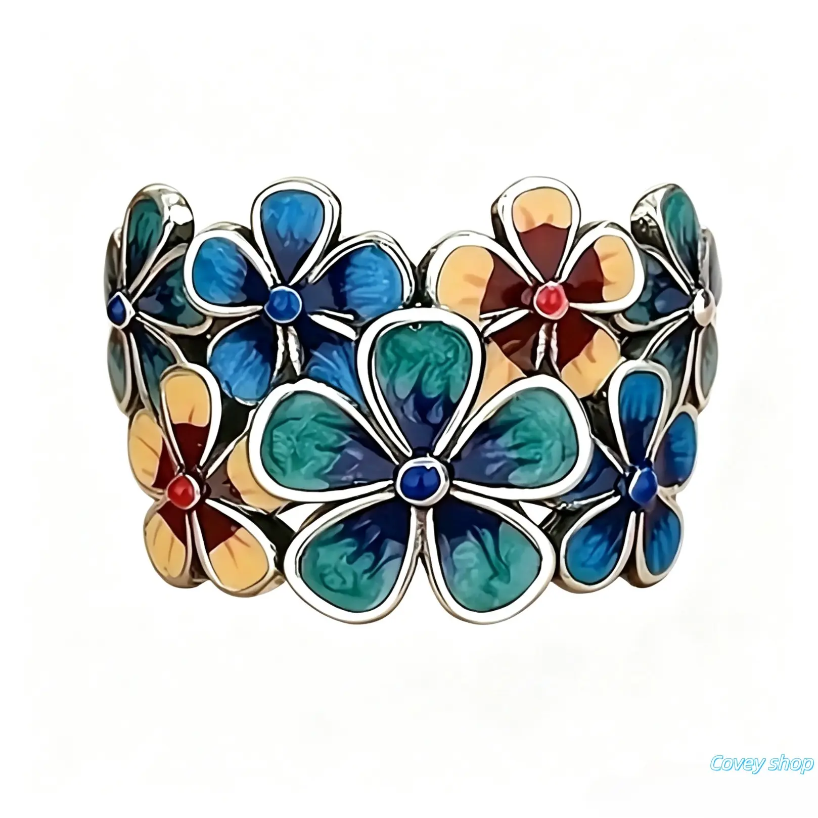 Vintage Bohemian Floral Enamel Wide Band Ring, Exquisite Colorful Flower Jewelry, Versatile Accessory Suitable For Birthday, Mother's Day Gift For Women For Daily Wear And Casual Occasions