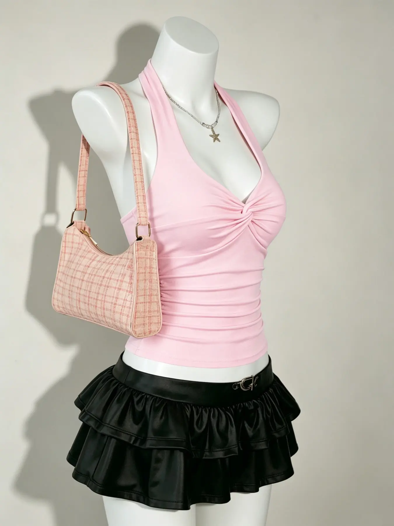 Pure Desire Style Halter Top, Side Waist Ruched Detail, Daily Streetwear Revealing Waist Slimming Top, Casual Strappy Clothing, Women, Casual Summer Sleeveless Halter