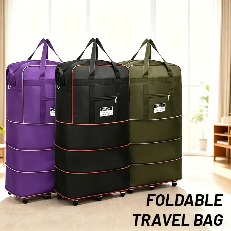 6-Wheel Expandable Travel Duffle - Foldable Large Capacity Suitcase with Reinforced Stitching, Black & Red Accents, Durable Plastic Construction - Sleek Minimalist Design for Business Trips, Study Abroad, Moving & Home Storage, Luggage for Travel, Ro