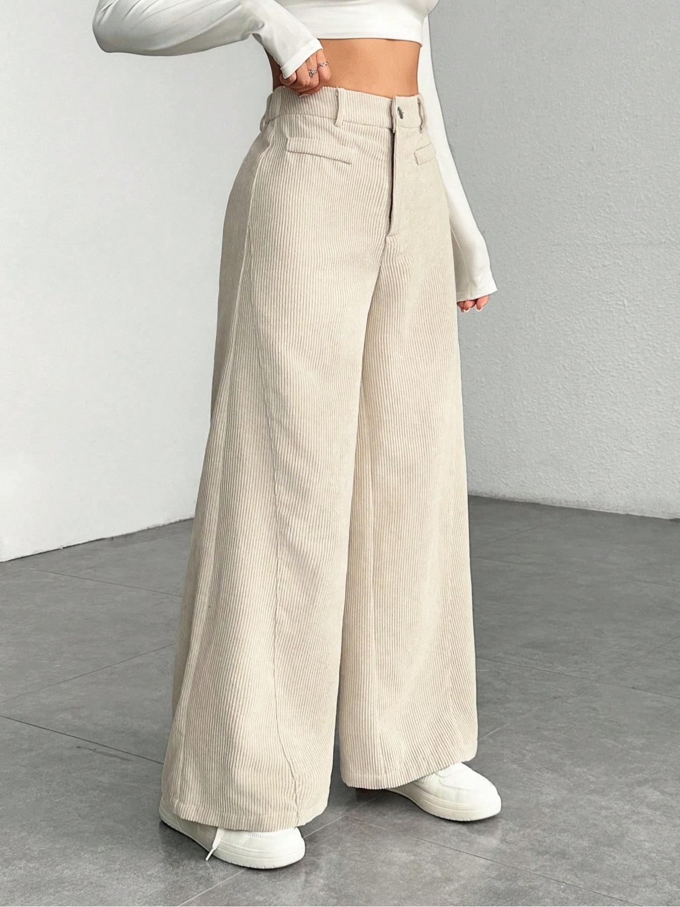 Women's High Waist Wide Leg Corduroy Pants, Casual Straight Fit Long Trousers, Comfortable All-season Solid Color Design, Womenswear
